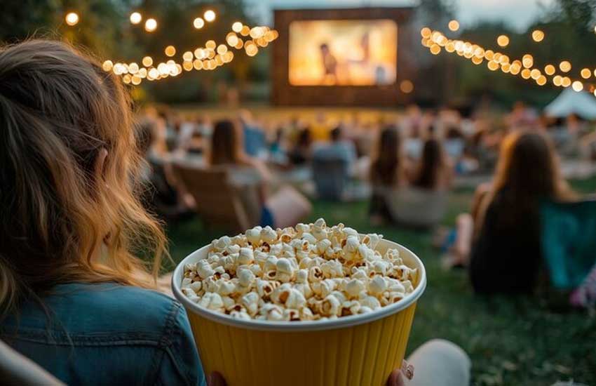 Osoba trzymająca kubełek popcornu podczas seansu w kinie plenerowym o zmroku
