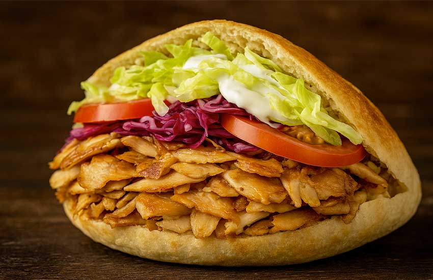 Kebab z kurczakiem w picie, z kapustą, sałatą, pomidorem i sosem czosnkowym na drewnianym tle