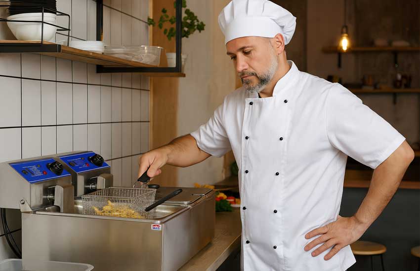 ucharz w białym stroju przygotowuje frytki przy nowoczesnej frytkownicy w kuchni
