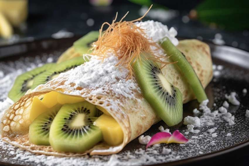 Naleśnik z kiwi i mango, posypany cukrem pudrem, udekorowany bitą śmietaną i ozdobami, podany na talerzu